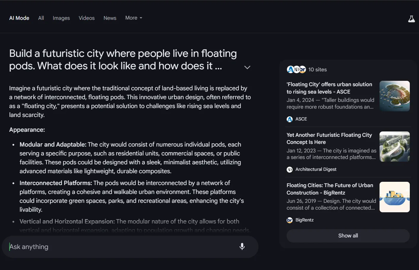 Phản hồi của Google AI Mode cho câu lệnh sáng tạo, thường theo định dạng cố định và thiếu đi sự tự nhiên.