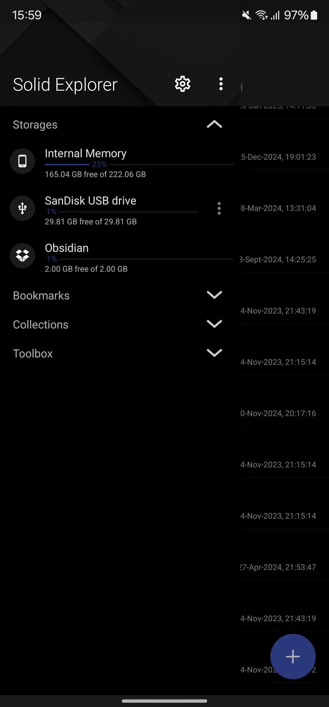 Phần Storages của ứng dụng quản lý file Solid Explorer hiển thị các tùy chọn lưu trữ