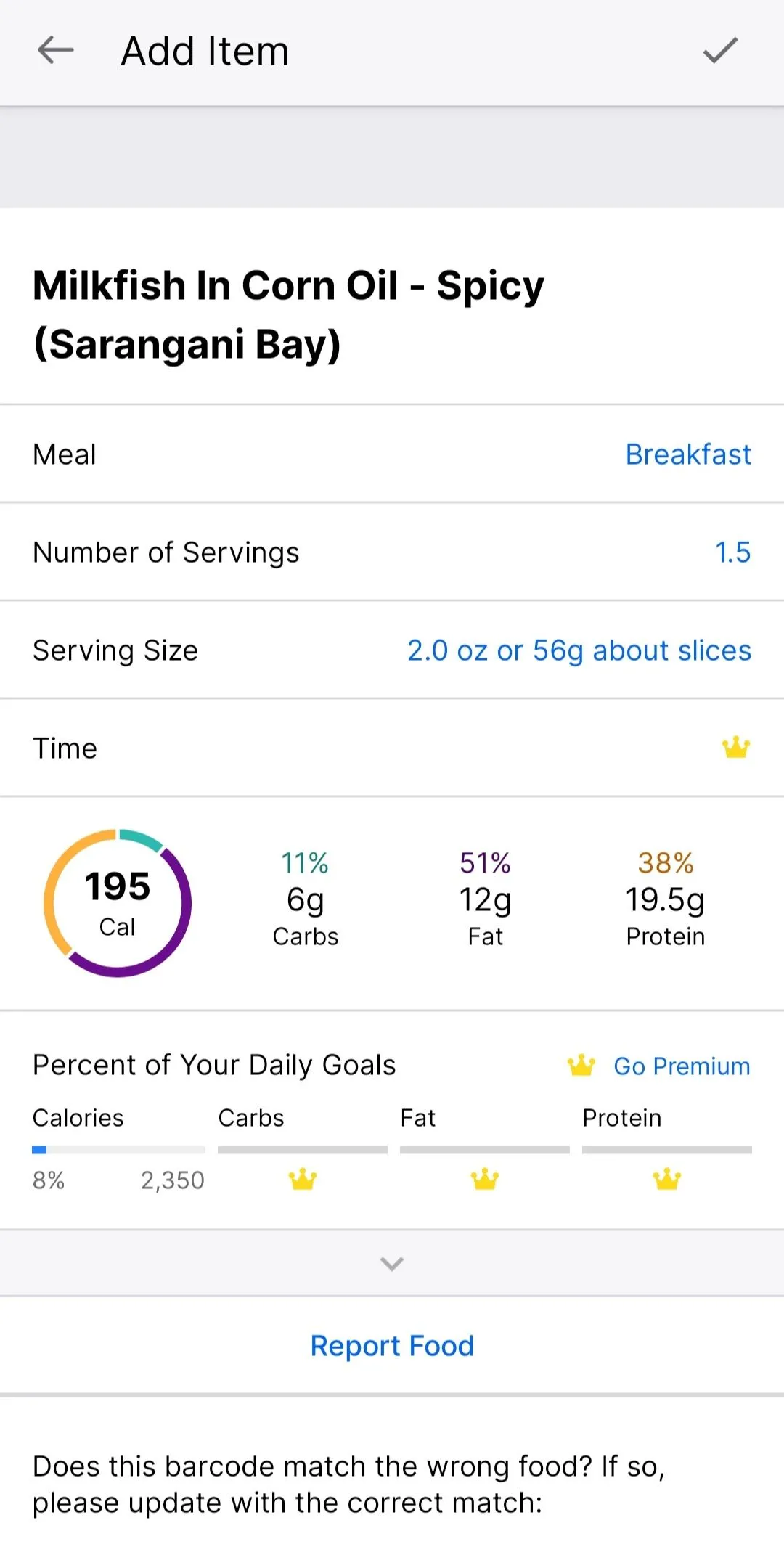 Phân tích macro và khẩu phần cá đối trong MyFitnessPal