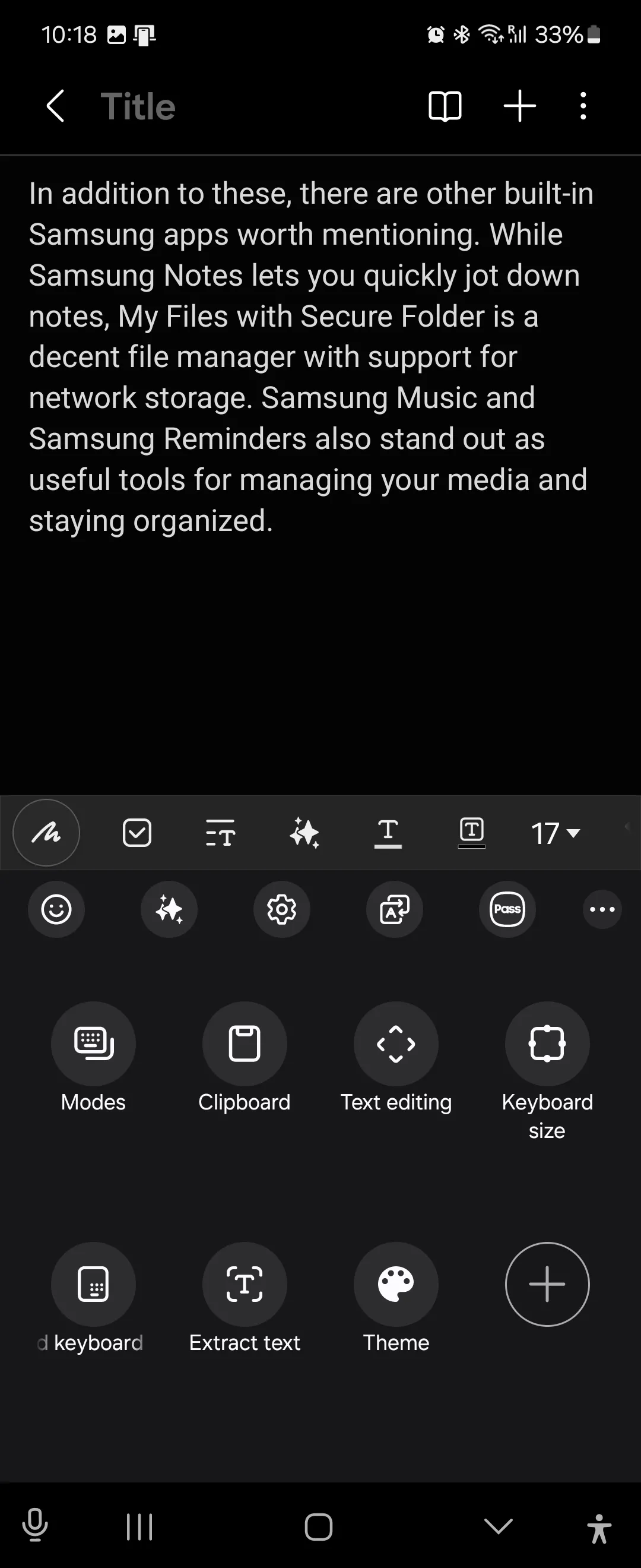 Phím tắt Samsung Keyboard đến các tính năng khác nhau trong Samsung Notes