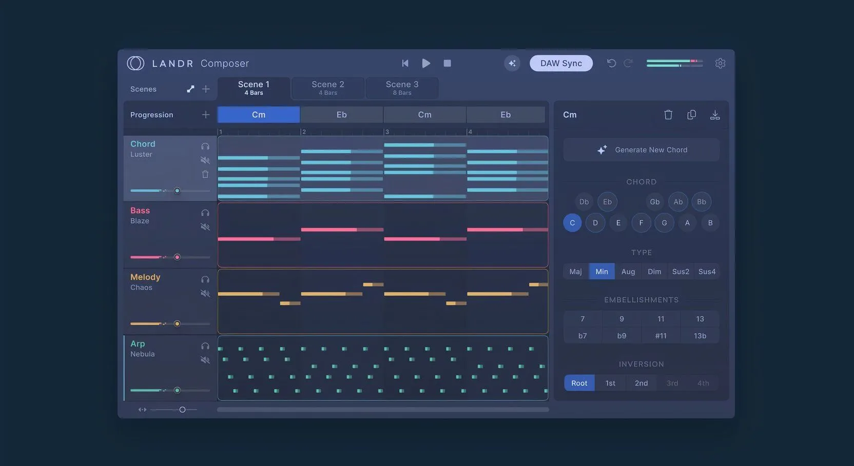 Plugin LANDR Composer hiển thị các yếu tố bài hát như bassline, hợp âm và giai điệu, hỗ trợ sáng tác bằng AI.
