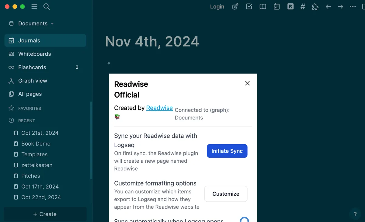 Plugin Readwise tích hợp trong Logseq giúp đồng bộ hóa các ghi chú đã highlight