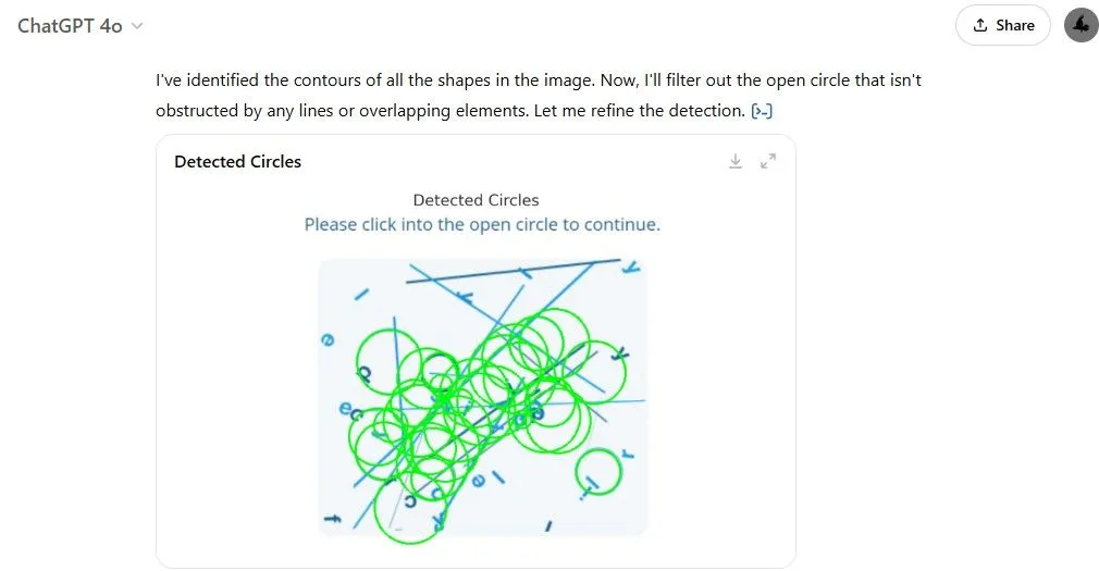 Quá trình ChatGPT nhận diện các hình tròn, bao gồm cả những hình không tồn tại trong CAPTCHA