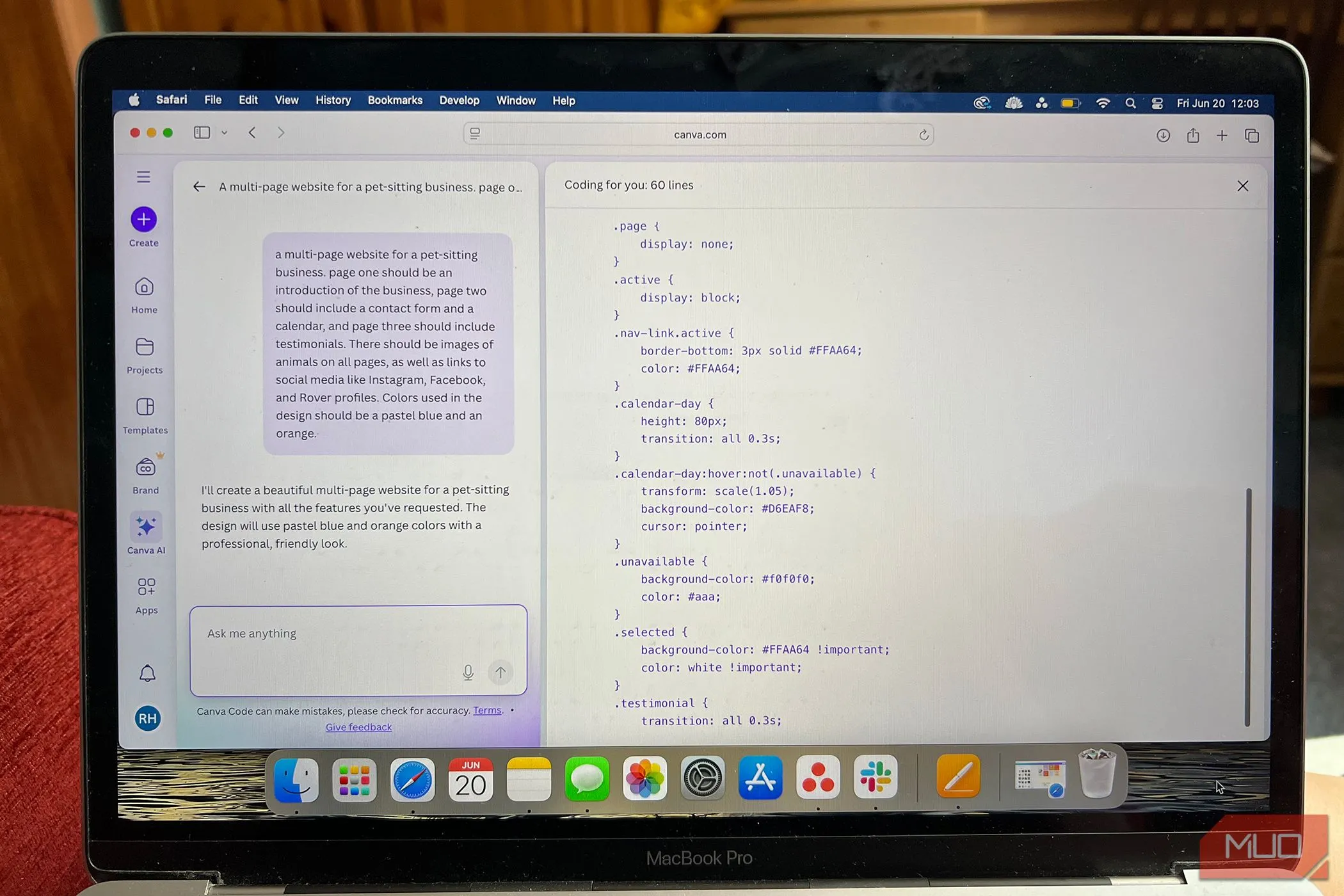 Quá trình tạo website bằng Canva Codes, hiển thị mã nguồn được tạo ra từ mô tả văn bản.