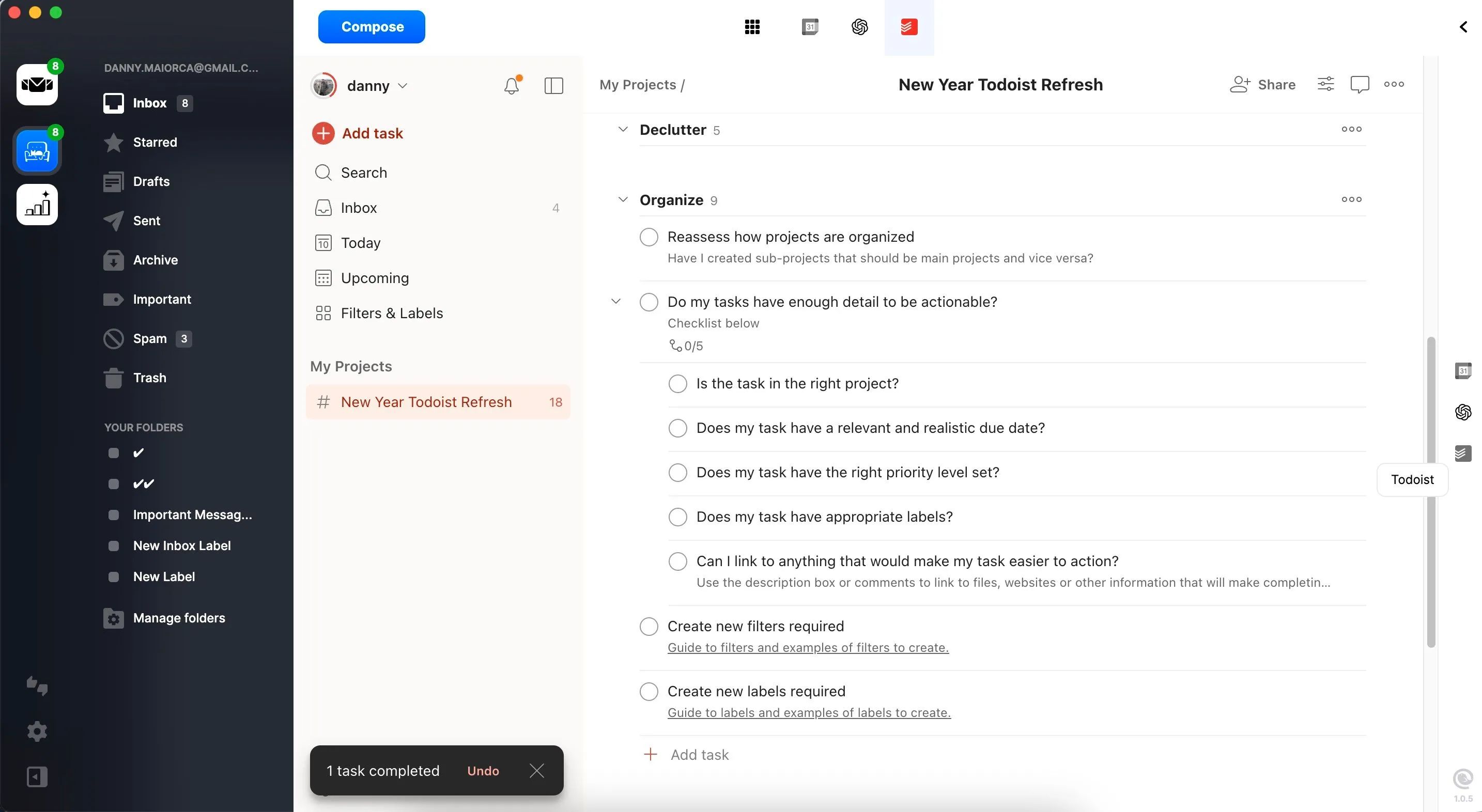 Quản lý tác vụ hiệu quả trong Todoist thông qua ứng dụng Mailbird, minh họa khả năng tích hợp và sắp xếp công việc trực quan.