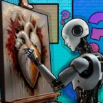 Robot đang vẽ tranh trái tim người, minh họa nghệ thuật AI và câu hỏi về sự sáng tạo