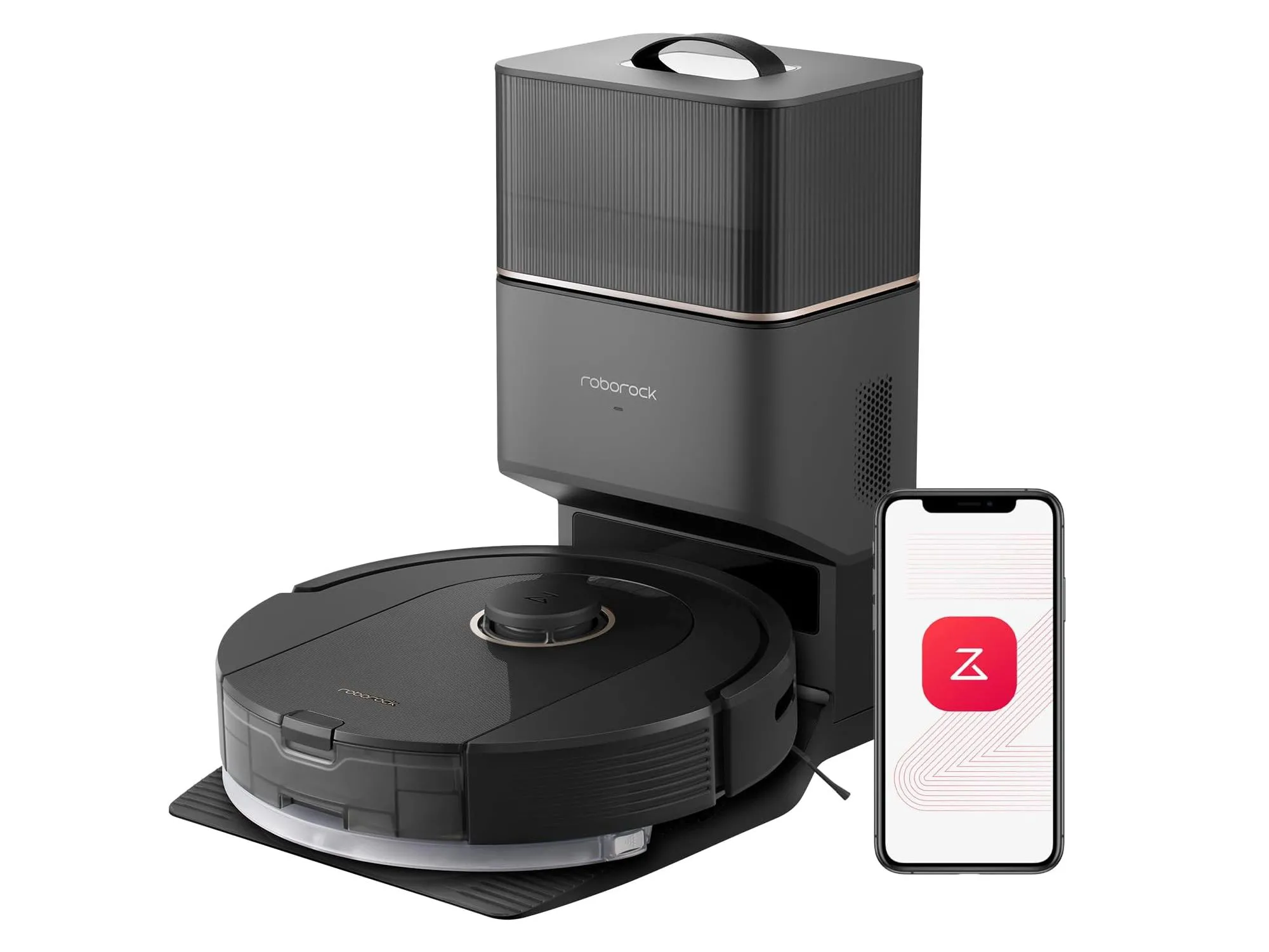 Robot hút bụi lau nhà Roborock Q5 Pro+ màu trắng đen cùng trạm sạc tự động đổ rác, sẵn sàng làm sạch sàn nhà.