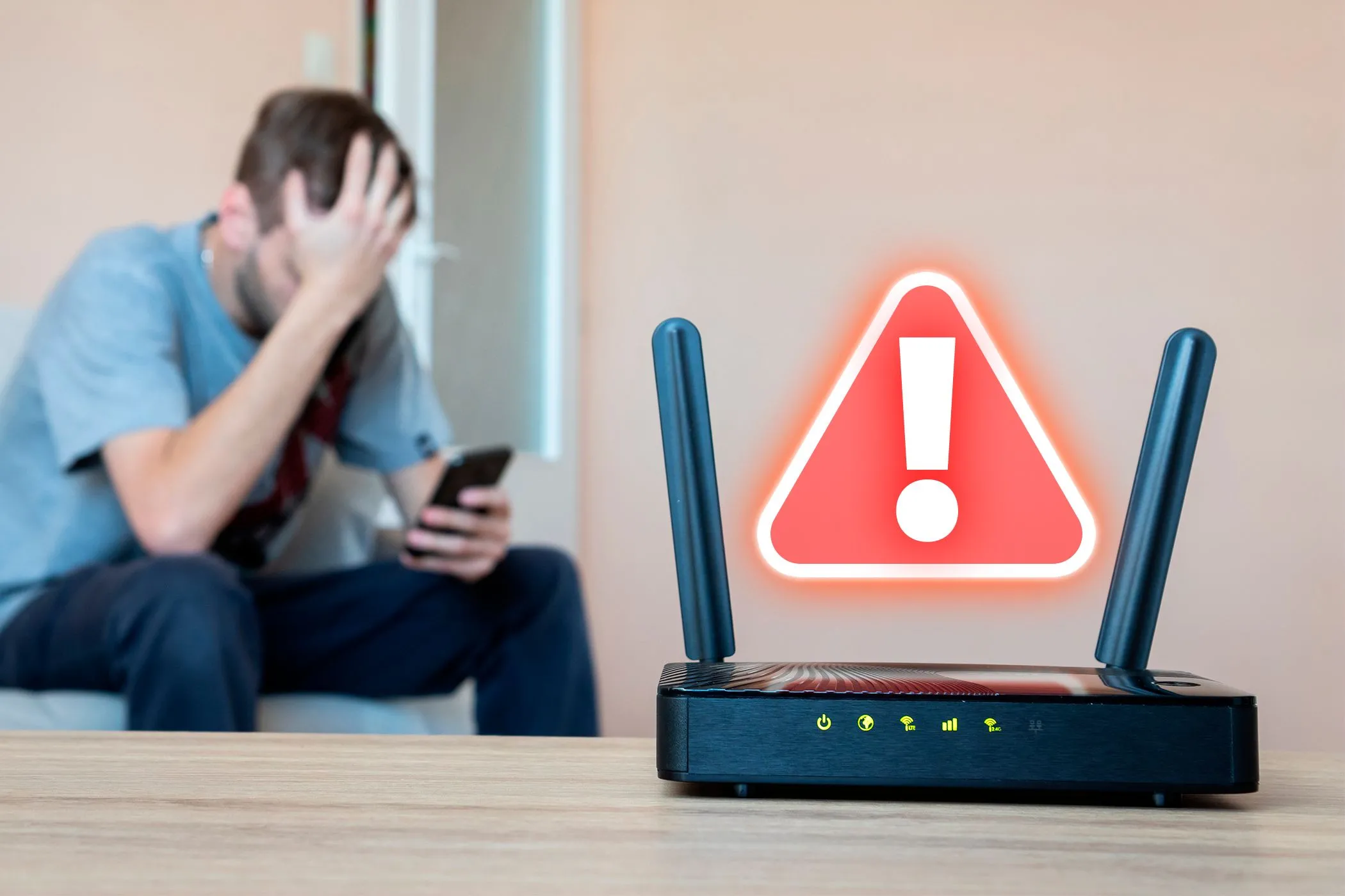 Router Wi-Fi hiển thị biểu tượng cảnh báo và người dùng đang thất vọng phía sau, minh họa vấn đề kết nối do vị trí đặt router không phù hợp.