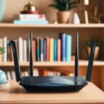 Router Wi-Fi với bốn ăng-ten trên bàn cạnh kệ sách, tượng trưng cho việc khởi động lại thiết bị định kỳ.