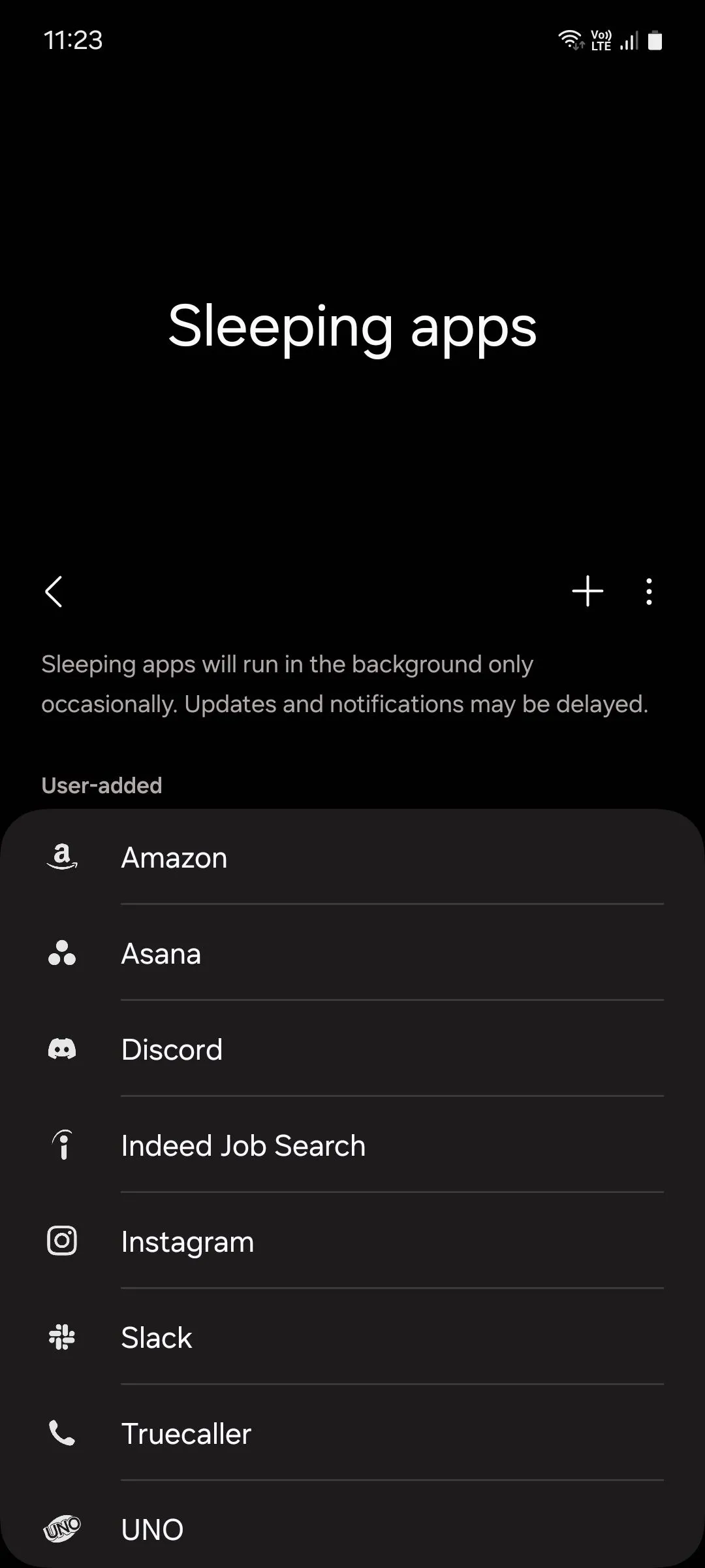 Samsung Sleeping apps menu