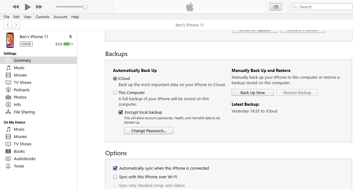 Sao lưu iPhone vào phần mềm iTunes trên máy tính Windows