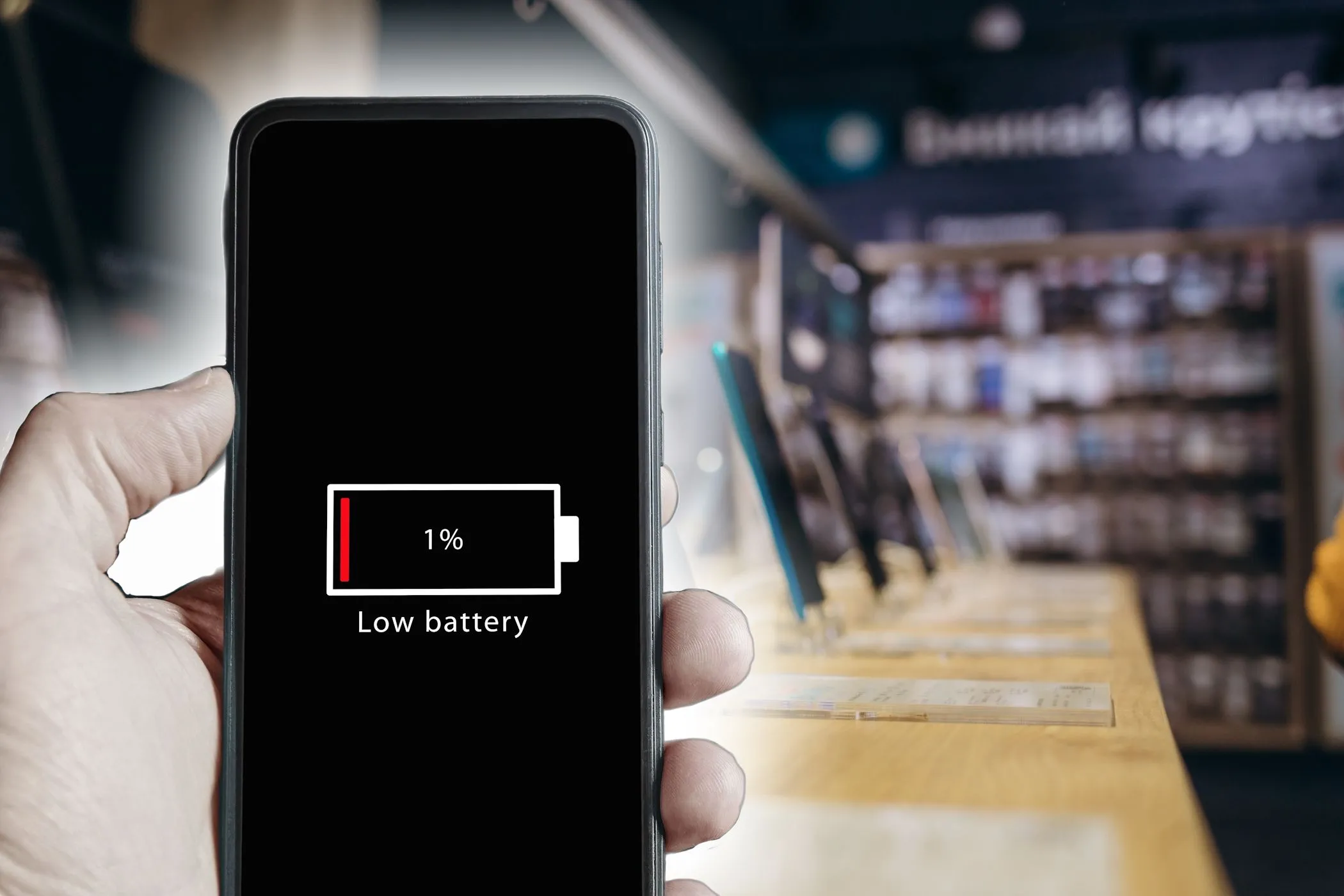 Smartphone hiển thị thông báo pin yếu, gây lo lắng cho người dùng khi ở nơi công cộng.