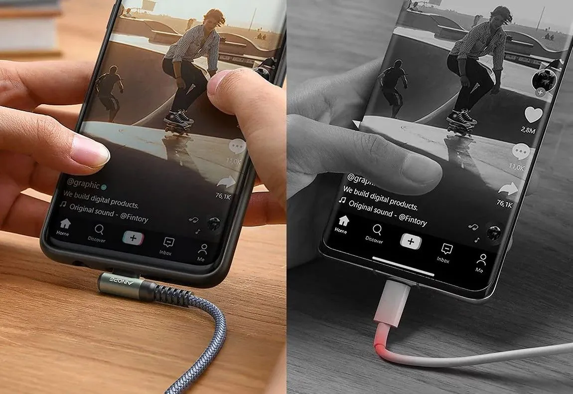 So sánh cáp sạc USB-C góc vuông Ainope với cáp sạc thẳng thông thường, thể hiện sự tiện lợi khi sử dụng.