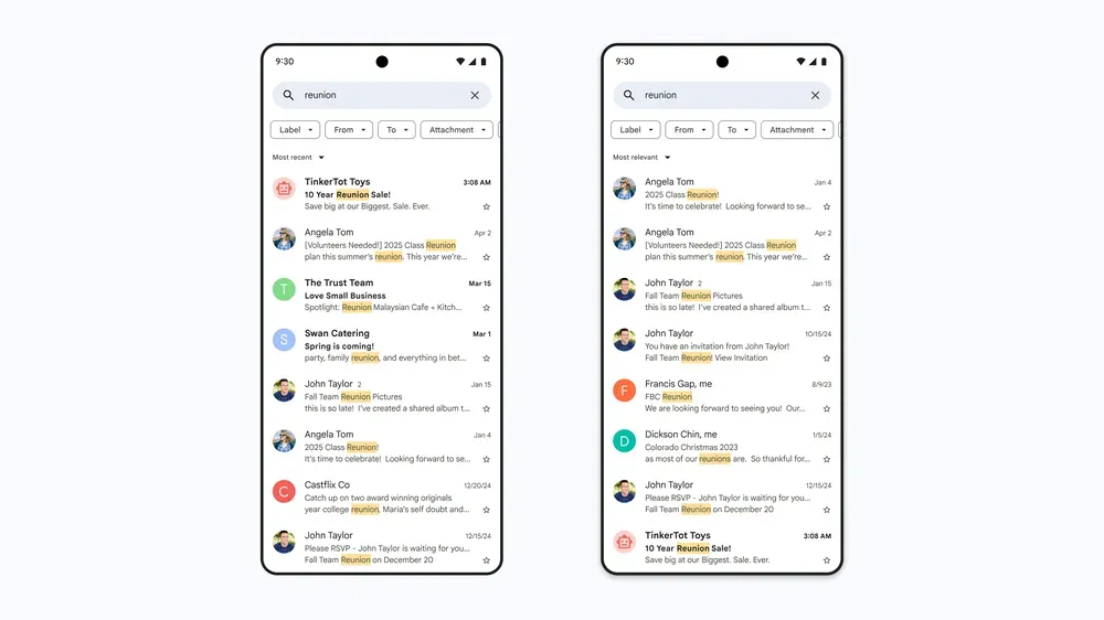 So sánh kết quả tìm kiếm Gmail trước và sau khi áp dụng tính năng AI "Most relevant"