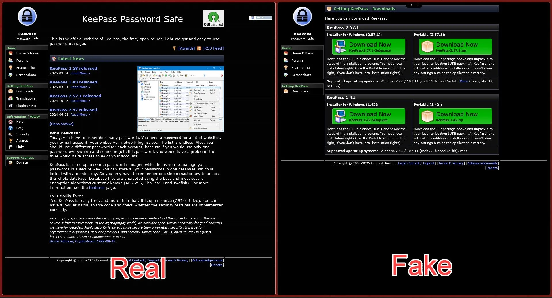 So sánh website giả mạo KeePass và trang chính thức để cảnh báo lừa đảo