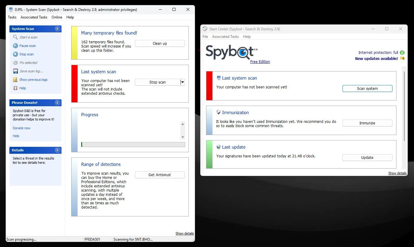 Spybot – Search &amp; Destroy đang quét máy tính Windows để tìm kiếm và loại bỏ spyware cùng adware