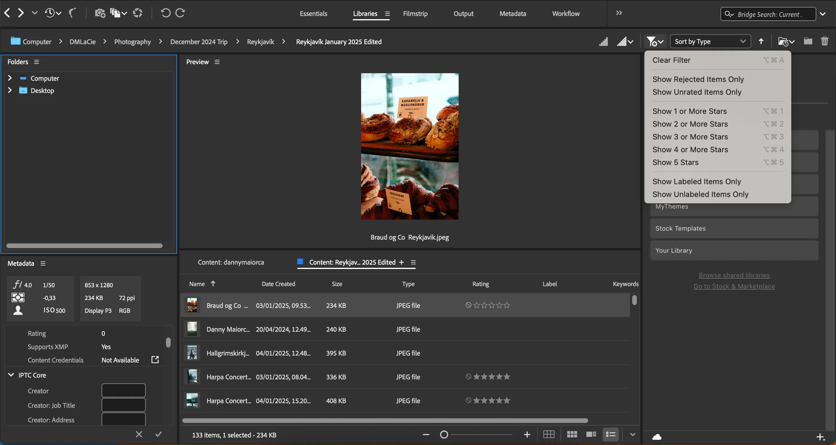 Sử dụng các bộ lọc chuyên sâu trong Adobe Bridge để sắp xếp và tìm kiếm ảnh dựa trên nhiều tiêu chí như xếp hạng sao, từ khóa.
