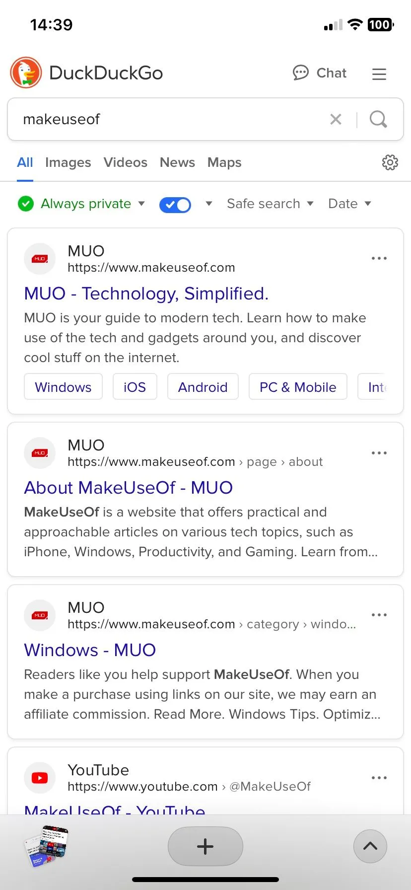 Sử dụng công cụ tìm kiếm DuckDuckGo trong Arc Search trên iPhone, nhấn mạnh tính năng bảo mật quyền riêng tư.