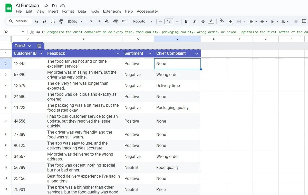 Sử dụng hàm AI() trong Google Sheets để tự động phân loại khiếu nại chính của khách hàng dựa trên nội dung phản hồi.