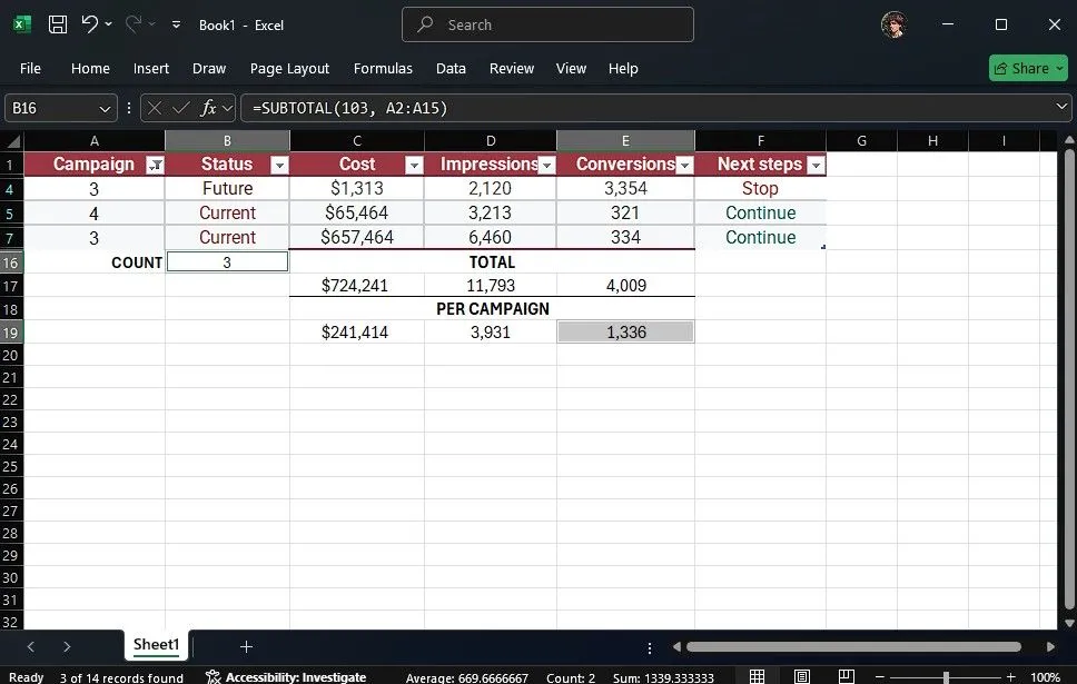 Sử dụng hàm SUBTOTAL để đếm số ô hiển thị trong bảng Excel đã lọc