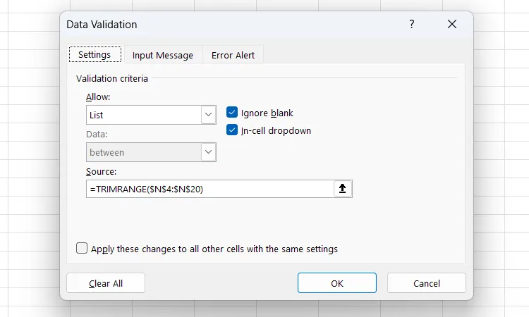 Sử dụng hàm TRIMRANGE trong trường Source của Data Validation để làm sạch danh sách động trong Excel.