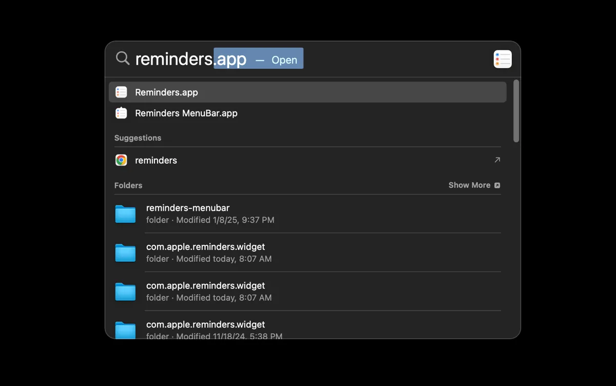 Sử dụng Spotlight trên macOS để tìm kiếm và mở nhanh ứng dụng Reminders khi cần ghi nhận ý tưởng