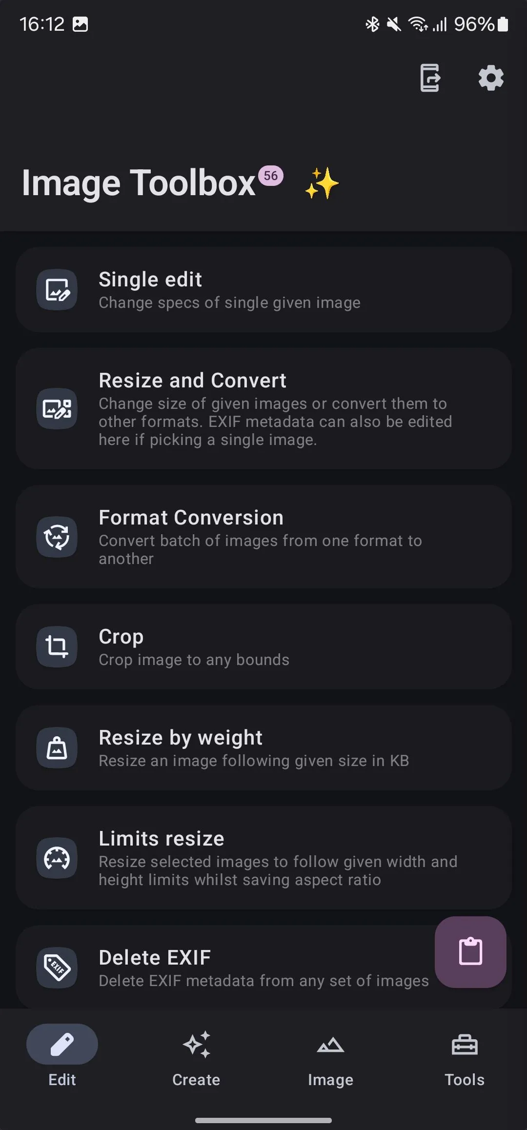 Tab Chỉnh sửa của ứng dụng Image Toolbox, hiển thị các công cụ xử lý ảnh