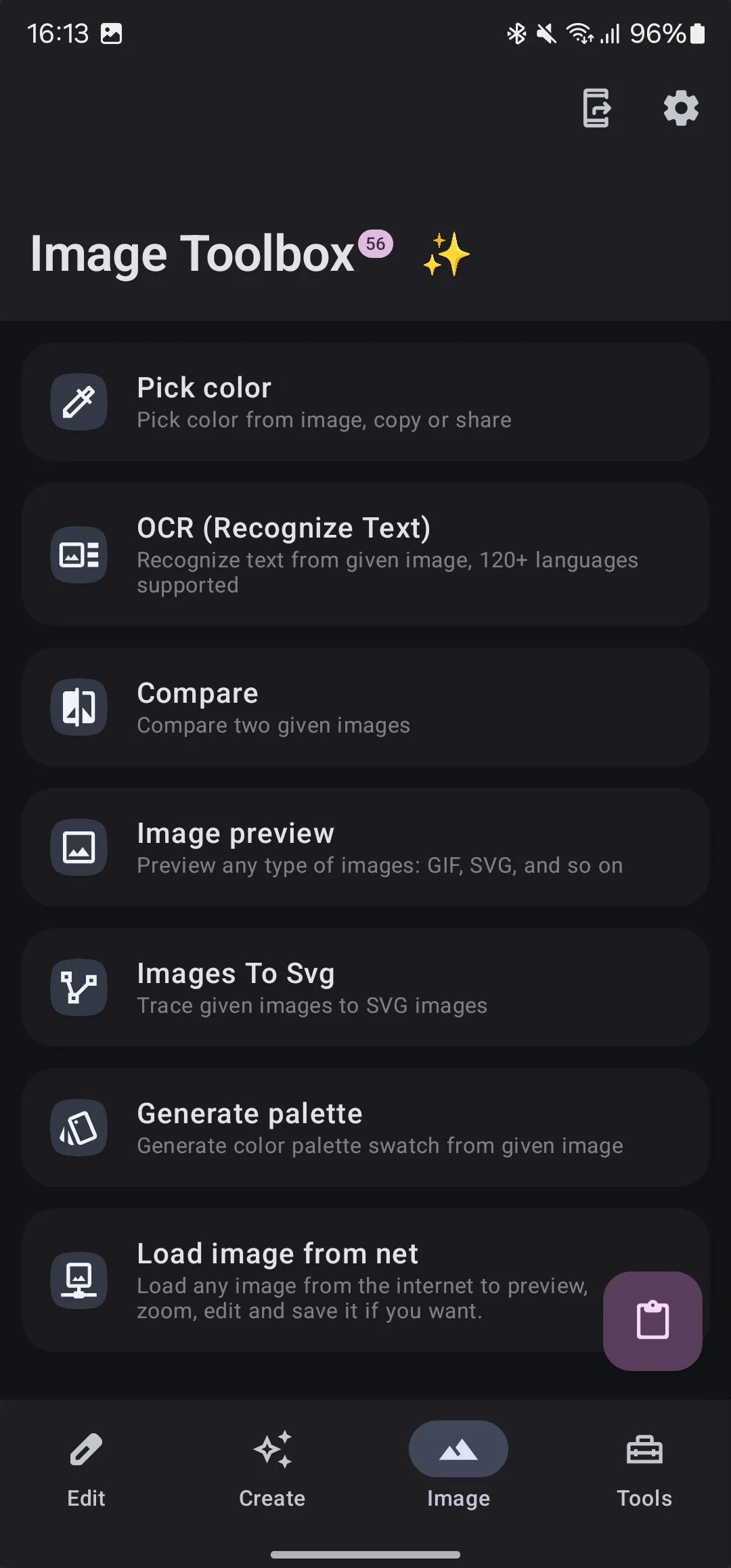 Tab Hình ảnh trong ứng dụng Image Toolbox, cung cấp các tùy chọn thao tác với file ảnh