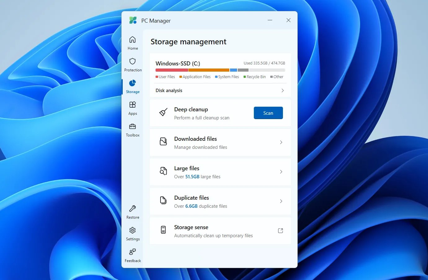 Tab Lưu trữ trong Microsoft PC Manager trên Windows với các công cụ dọn dẹp và quản lý tệp