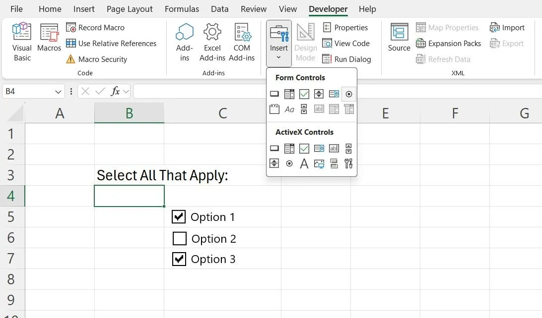 Tab Nhà phát triển trong Excel hiển thị các hộp kiểm để tạo biểu mẫu