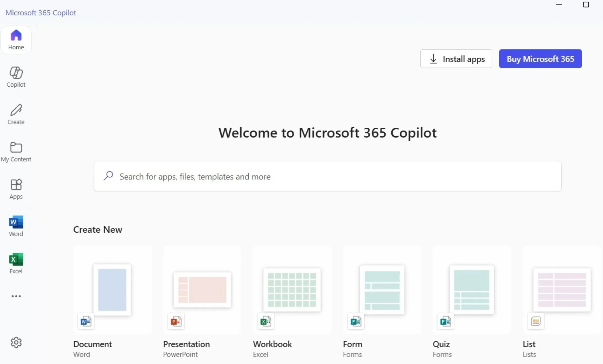 Tab trang chủ của ứng dụng Microsoft 365 Copilot, tích hợp công cụ năng suất và AI.