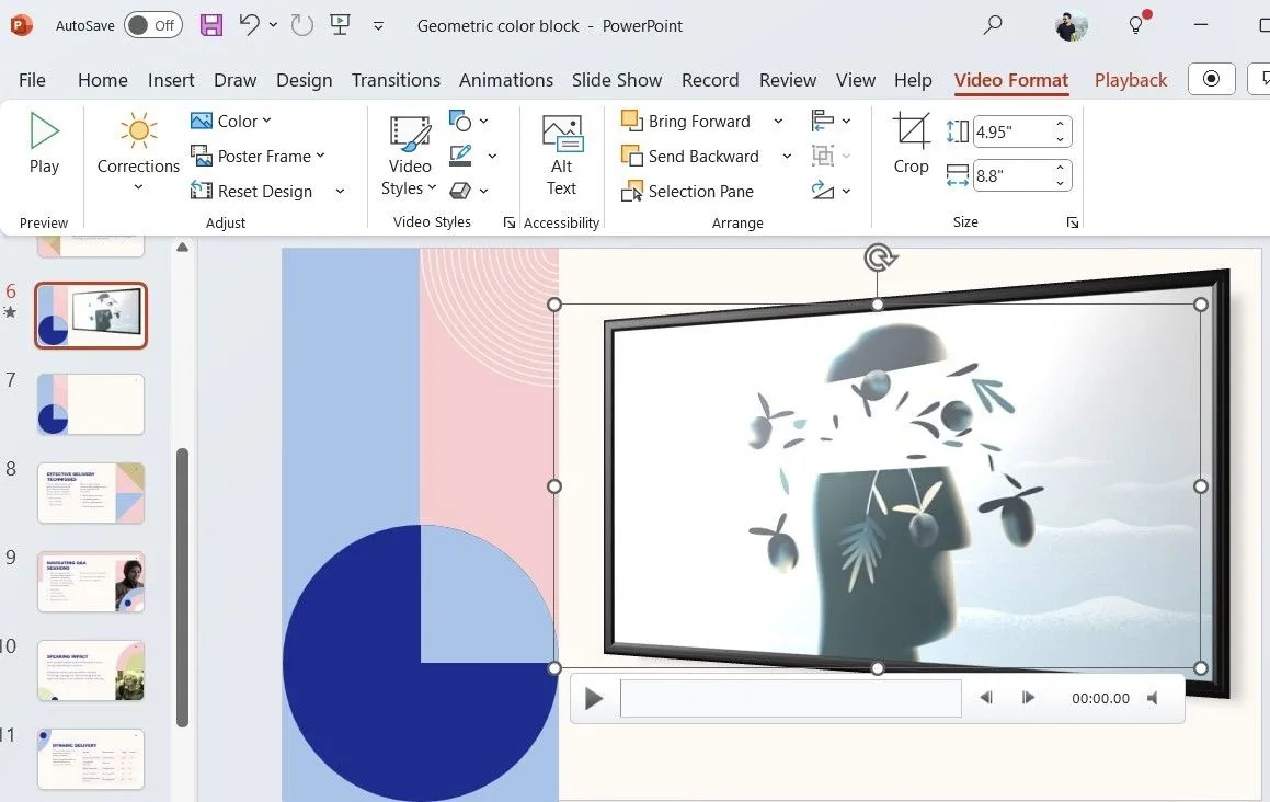 Tab Video Format trong giao diện Ribbon của PowerPoint, hiển thị các công cụ để tùy chỉnh định dạng và hiệu ứng cho video.