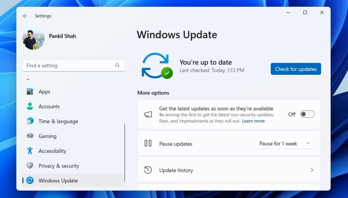 Tab Windows Update trong ứng dụng Cài đặt của Windows, hiển thị trạng thái cập nhật.