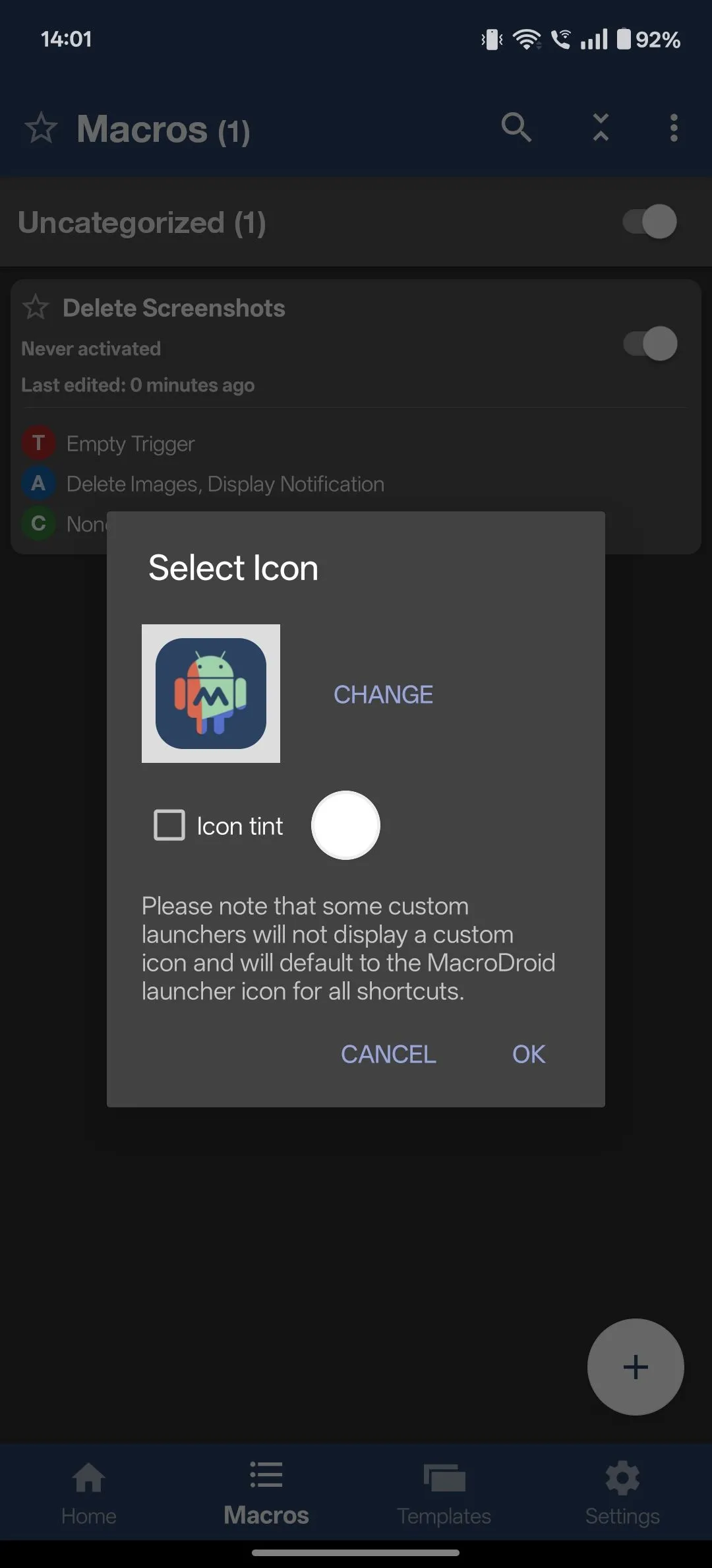 Tạo lối tắt macro MacroDroid trên màn hình chính Android, giúp truy cập và kích hoạt nhanh chóng tác vụ xóa ảnh chụp màn hình.