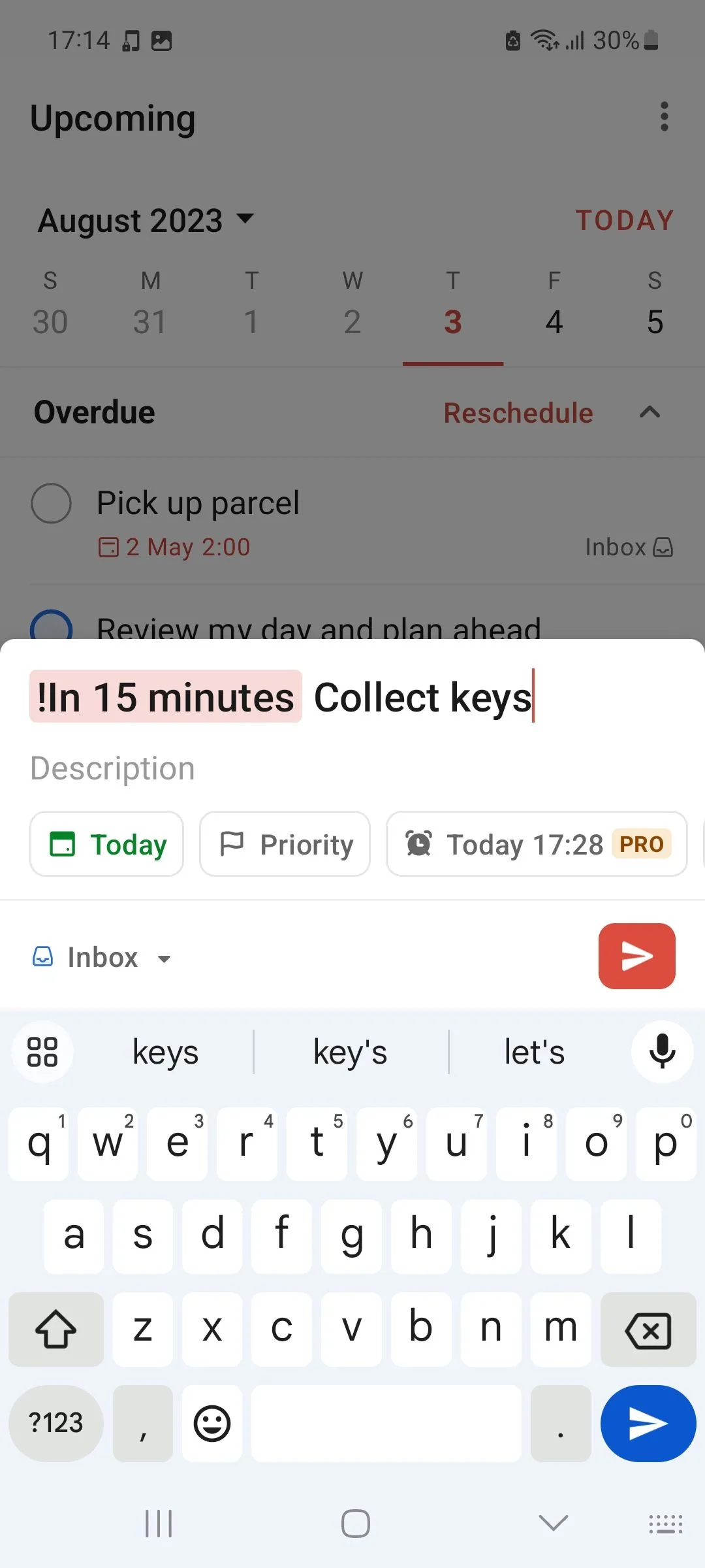 Tạo một nhiệm vụ ngắn hạn mới trên ứng dụng Todoist, với trường nhập liệu và các tùy chọn cài đặt