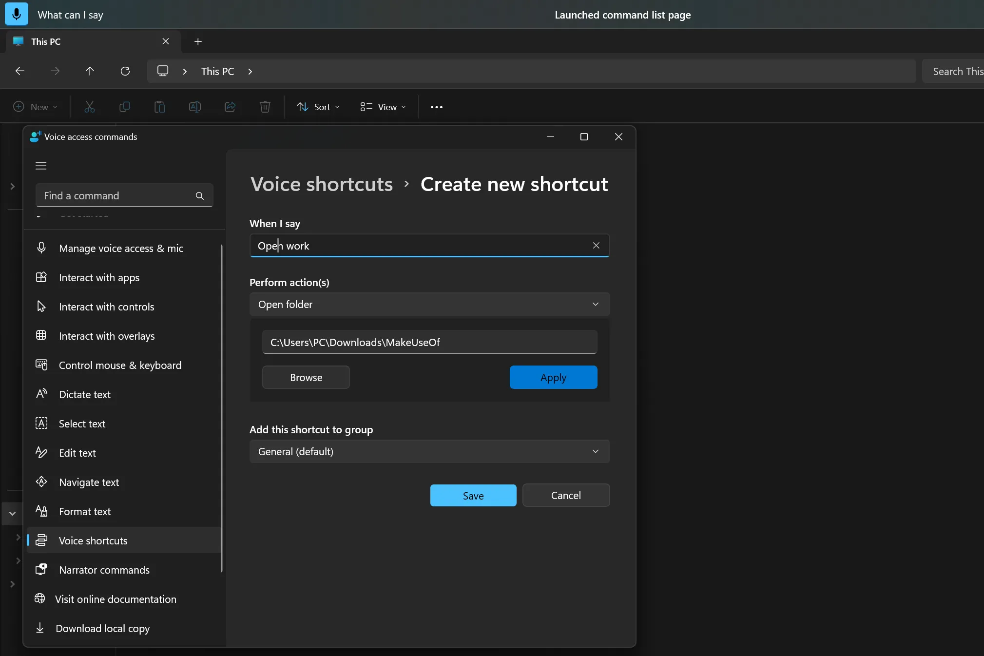Tạo phím tắt giọng nói tùy chỉnh mới trong Voice Access Windows 11
