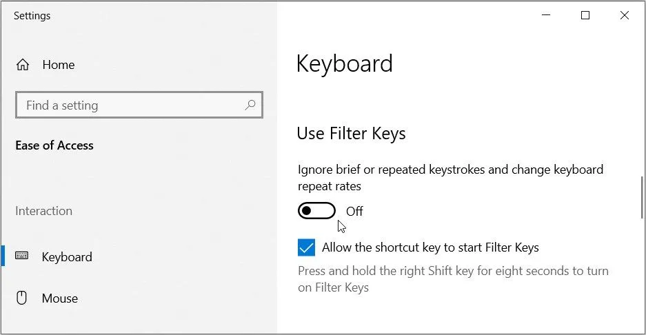 Tắt tính năng Filter Keys trong cài đặt bàn phím của Windows.