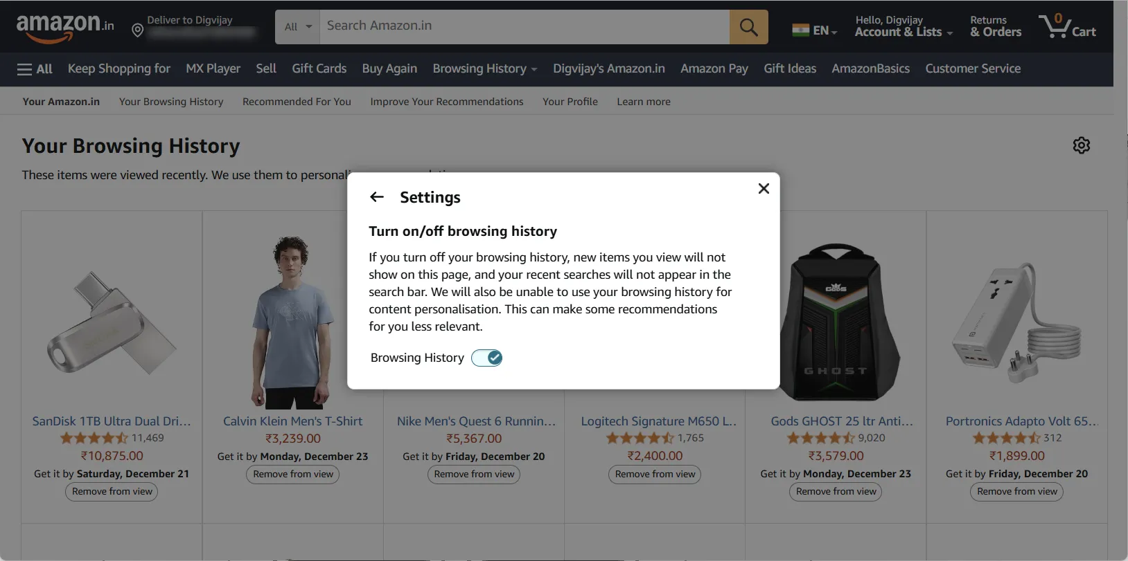 Tắt tính năng lưu lịch sử duyệt web trên Amazon để bảo vệ quyền riêng tư