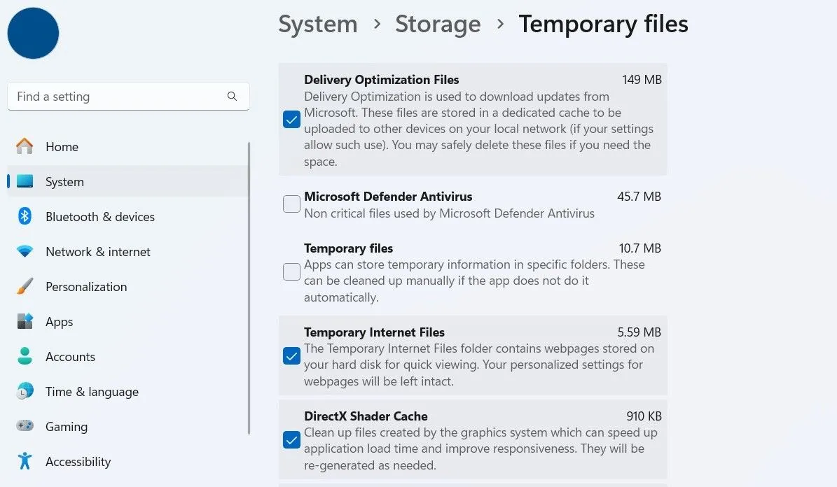 Tệp tạm thời trong ứng dụng Cài đặt Windows 11