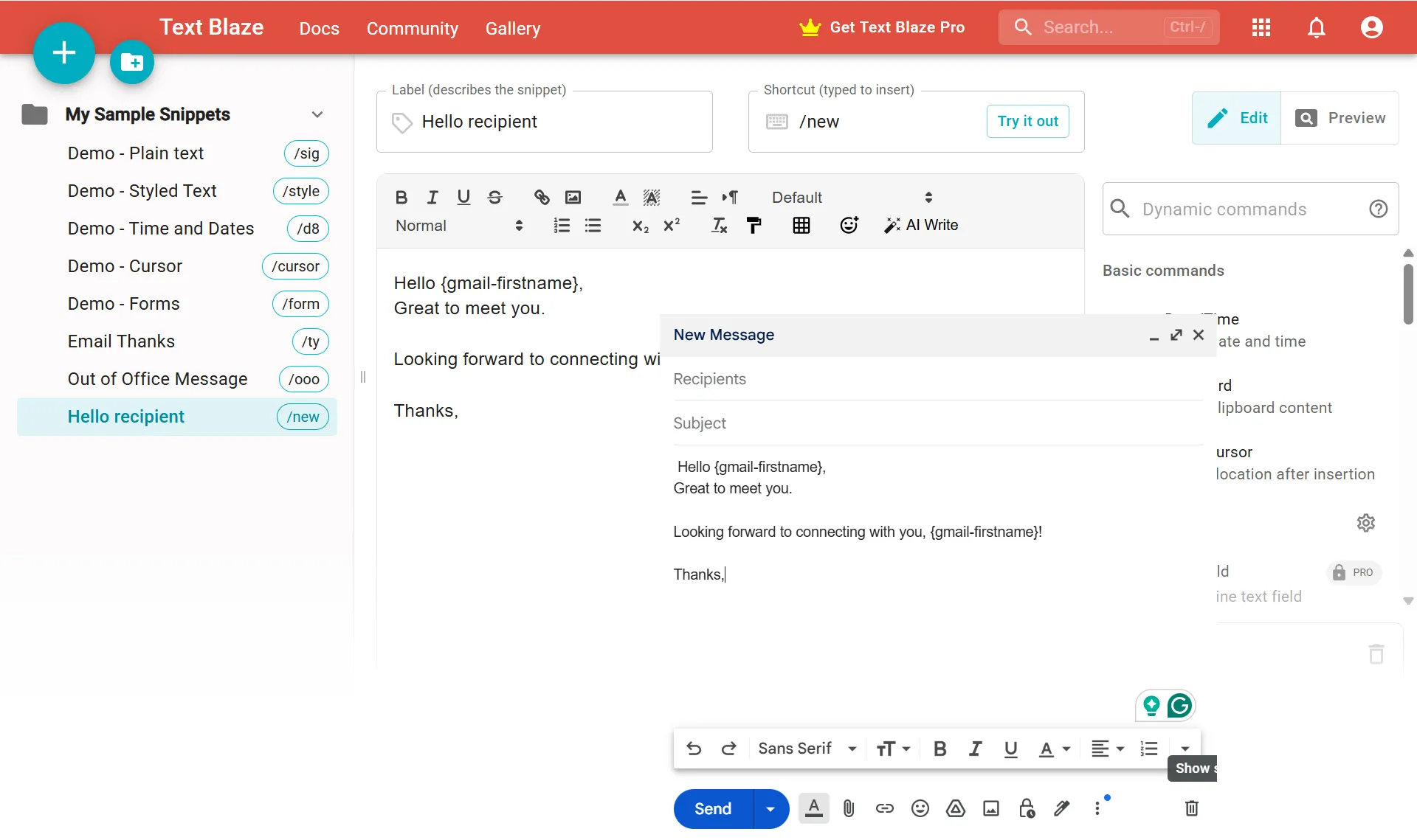 Text Blaze hỗ trợ snippet động với các trường tự động và form nhập liệu, tăng cường khả năng gõ tắt thông minh