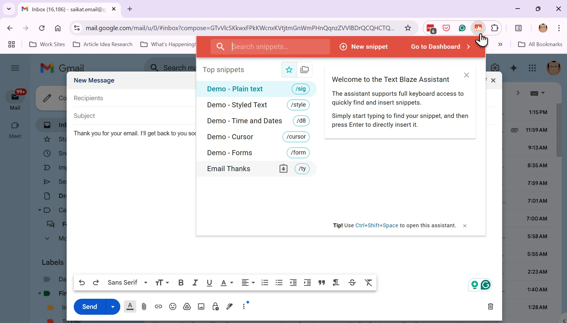 Text Blaze tự động điền tin nhắn email bằng phím tắt, tiết kiệm thời gian gõ phím