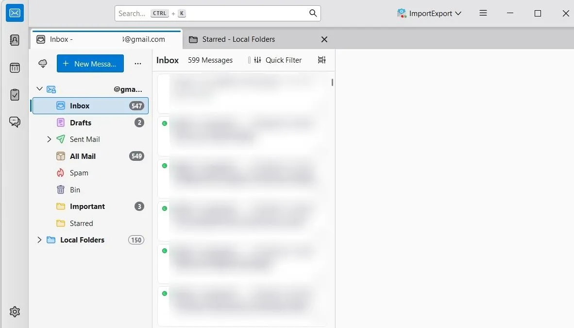 Thanh bên Thunderbird hiển thị tài khoản Gmail và thư mục cục bộ sẵn sàng để chuyển đổi email.