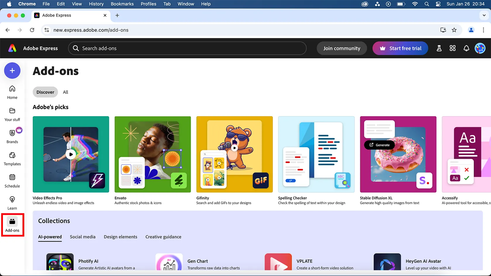 Thanh công cụ bên trái của Adobe Express phiên bản trình duyệt với mục Add-Ons