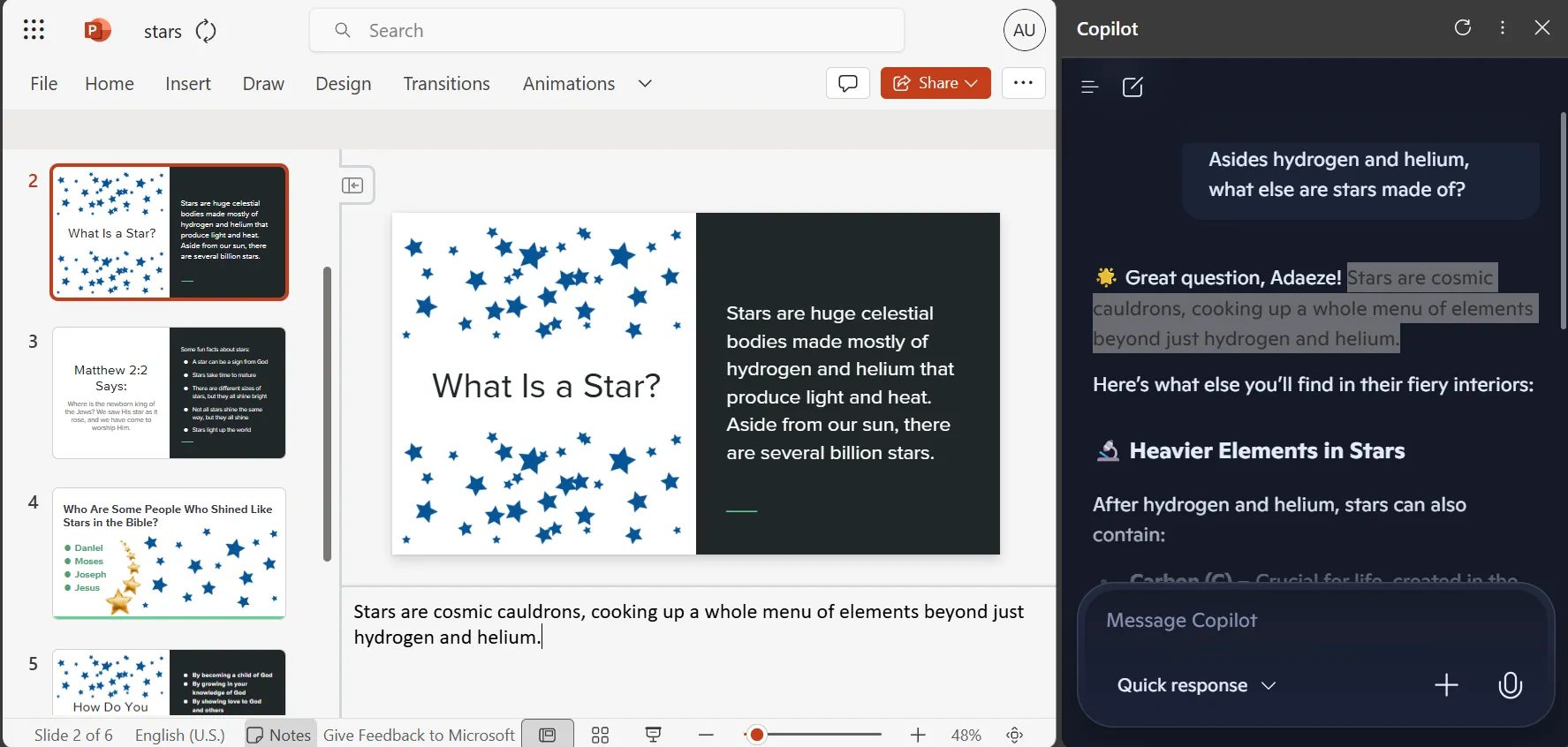 Thanh công cụ Copilot tích hợp bên cạnh bài trình chiếu PowerPoint Online