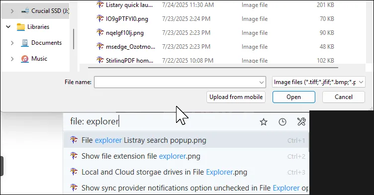 Thanh công cụ Listary tích hợp trong hộp thoại Save As/Open của Windows, hiển thị thư mục yêu thích và các tùy chọn ngữ cảnh