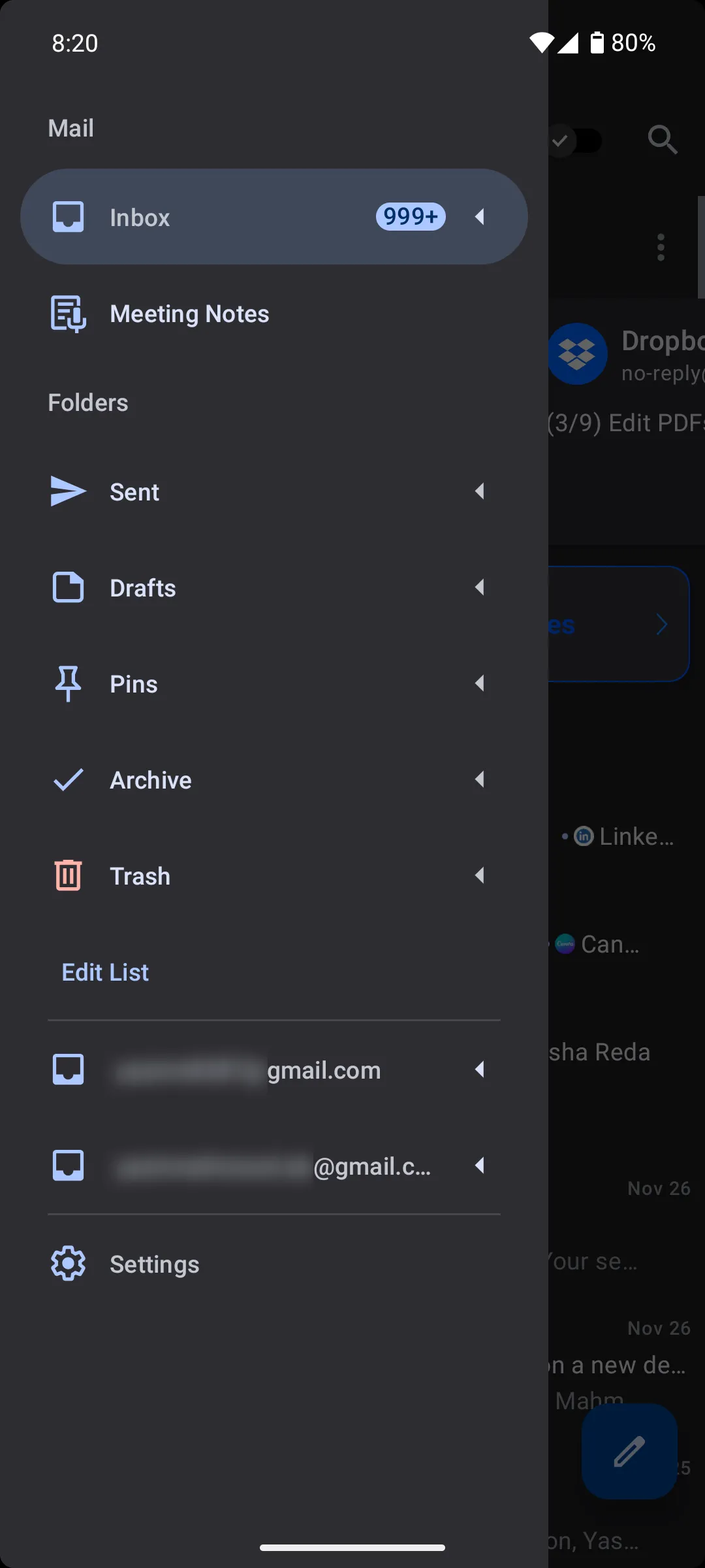 Thanh điều hướng bên cạnh của ứng dụng Spark Mail trên Android hiển thị các thư mục email chính.
