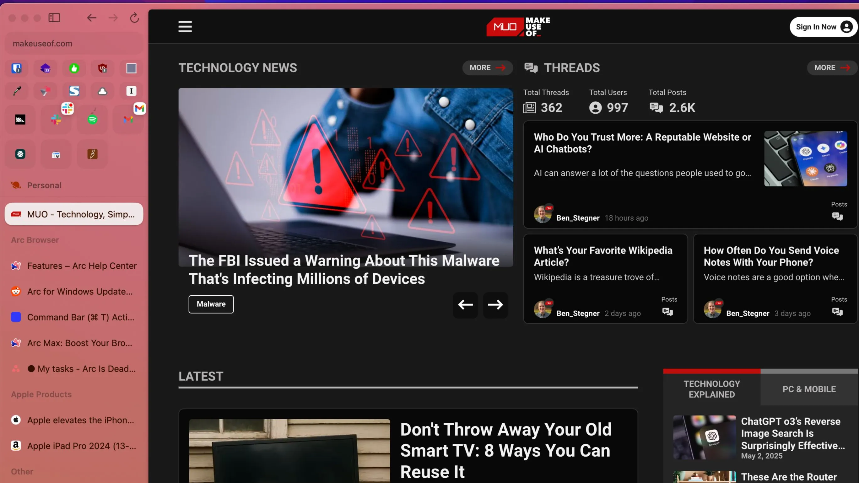 Thanh sidebar của trình duyệt Arc hiển thị các tab được tổ chức gọn gàng trong các thư mục