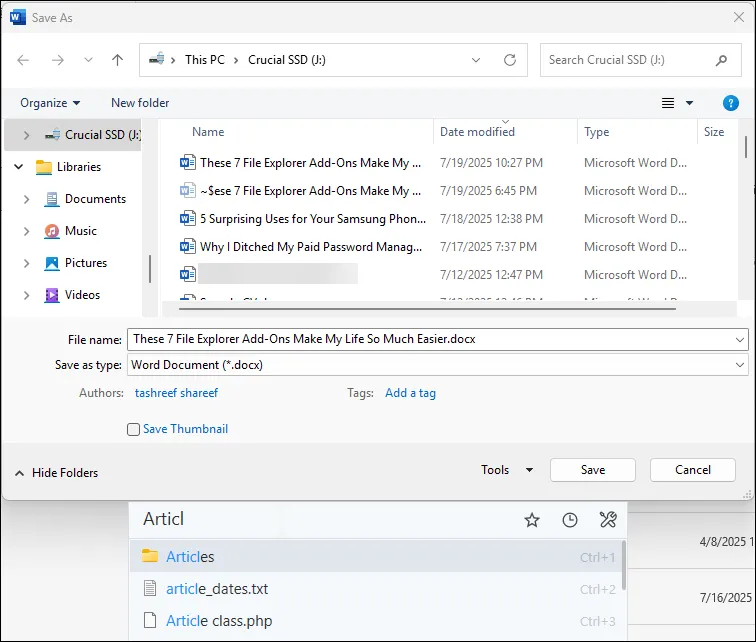 Thanh tìm kiếm nhanh của Listary xuất hiện trong hộp thoại Save As của Microsoft Word