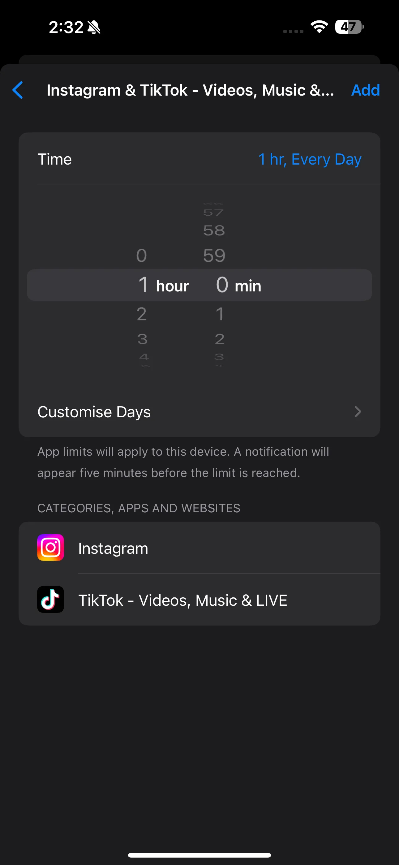 Thanh trượt thời gian và tùy chọn Tùy chỉnh ngày trong cài đặt Giới hạn ứng dụng iPhone