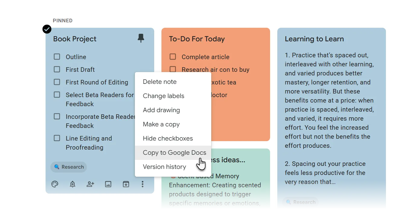 Thao tác chuyển ghi chú nhanh chóng từ Google Keep sang tài liệu Google Docs